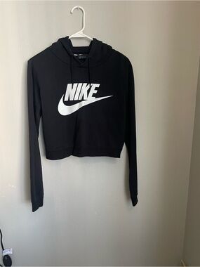 Nike Black Cropped Hoodie with White Swoosh - Women's Sweatshirt
